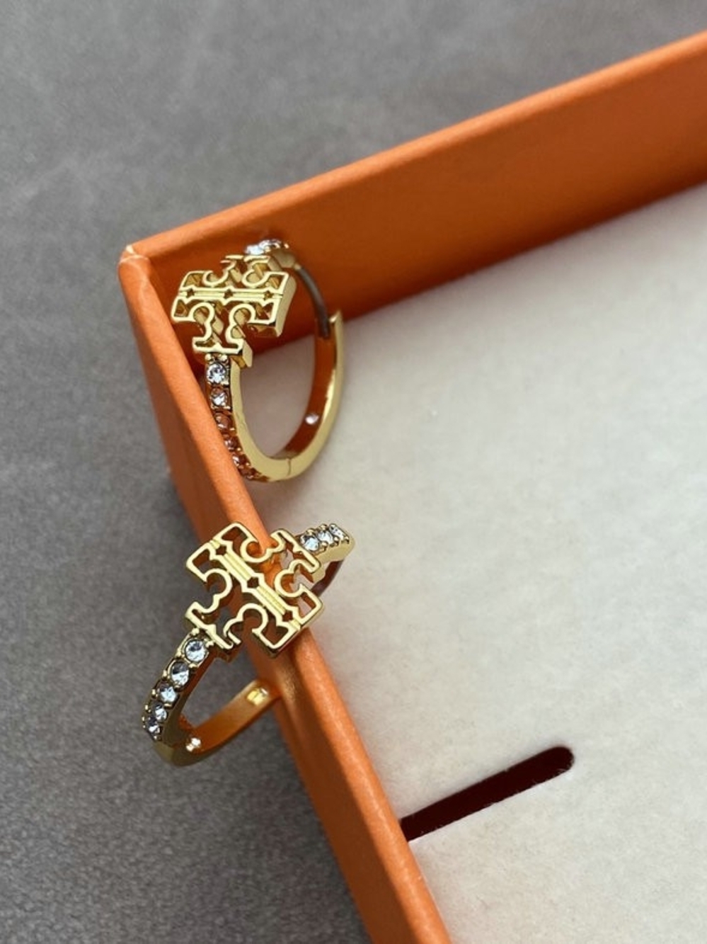 Tory Burch Gold Crystal Logo Hoop Earrings